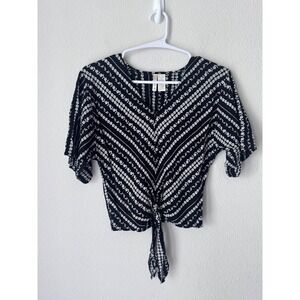 Japna Womens Black White Floral Chevron Front Tie V-Neck Crop Top XS